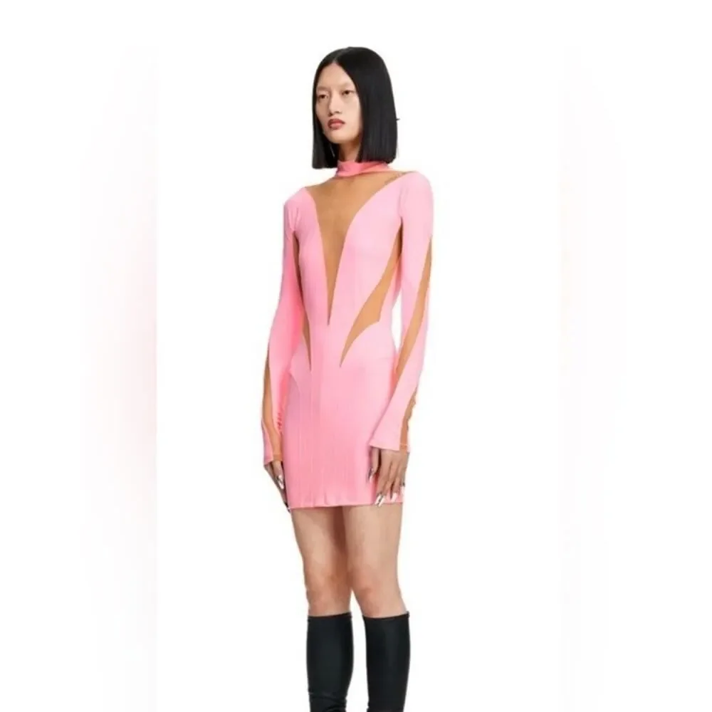 Mugler x H&M Pink Mesh Paneled Mini Dress Bodycon Long Sleeve 2XL - Picture 2 of 14
